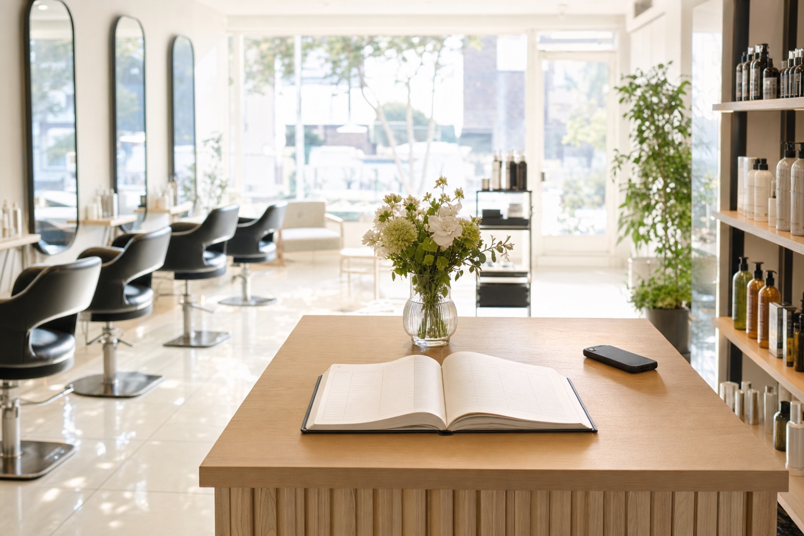 The same salon in morning daylight, the appointment book open and full.